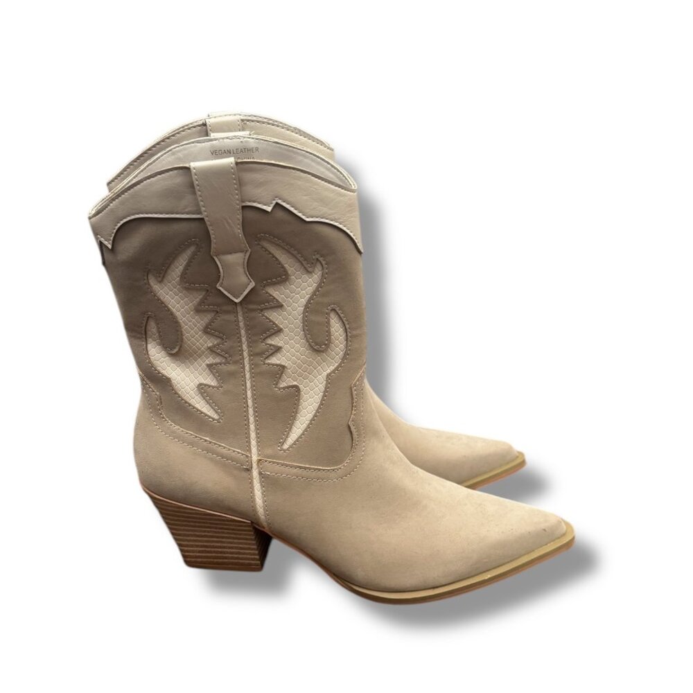 Oasis Society Houston Taupe Beige White Cowboy Western Vegan Leather Boots 8.5 - Picture 3 of 10